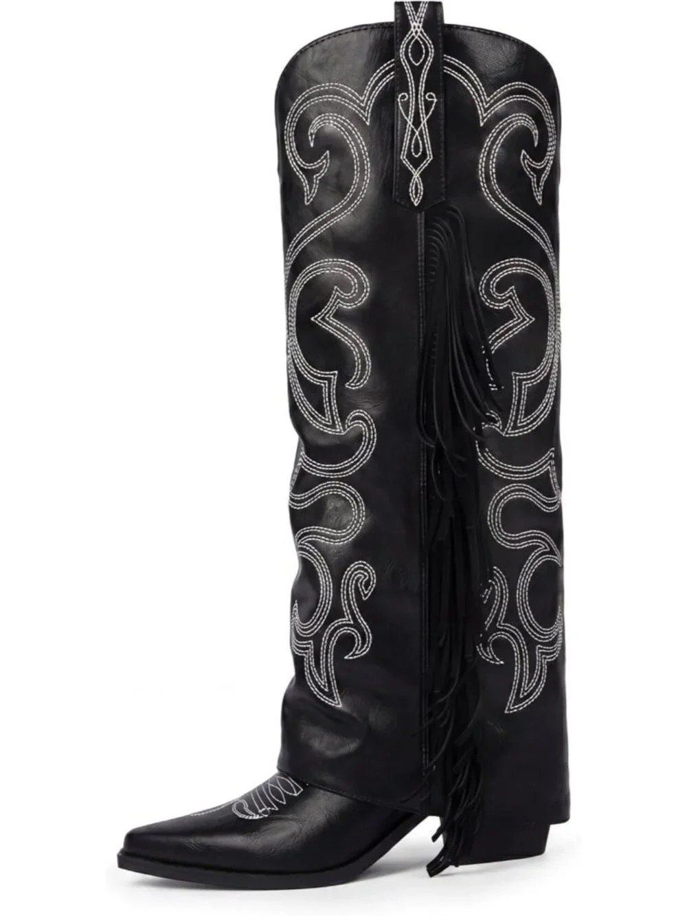 Women's Black Knee High Cowboy Boots Chunky Block High Heel Half Zipper